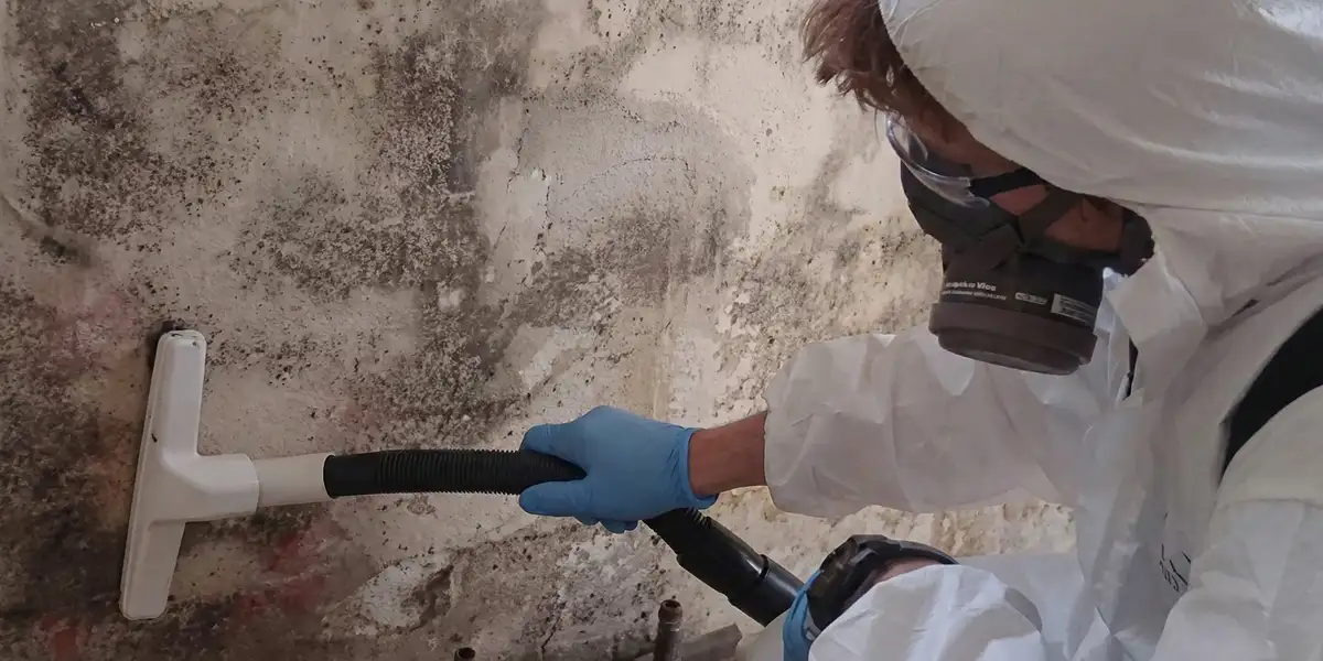 professional mold removal technician wearing protective equipment removing mold from a wall in Boise, ID